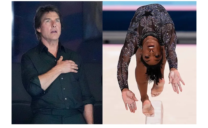 Simone Biles the most decorated gymnast brought Tom Cruise to his feet with an outstanding high-flying stunt even he couldn’t pull off see more 👇 👇    ￼